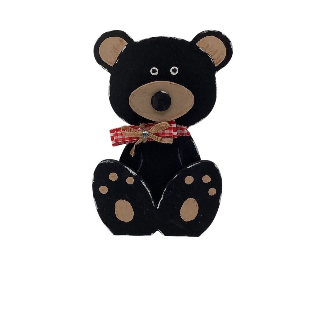 Craft Dealz Handmade Wooden Black‎ Bear Figurine with Bow Tie
